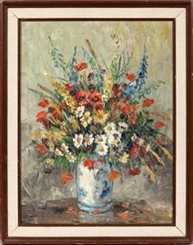 Lot#2365, OIL ON CANVAS, H 29", W 22", STILL LIFE OF FLOWERS. Depicting multi-colored flowers in a tall vase.  Illegibly signed lower right.  Framed.