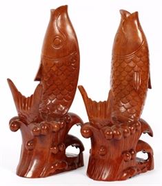 Lot#2394, CHINESE TEAKWOOD FISH, PAIR, H 13", L 3 1/4", D 6"