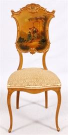 Lot#2400, LOUIS XV STYLE HAND PAINTED WOOD BALLROOM CHAIR, H 38.5" Hand painted back splat featuring a courting scene accented by shell and scroll designs.