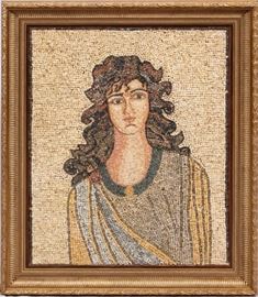 Lot#2412, MOSAIC TILE ON BOARD, H 39", W 31", PORTRAIT OF A WOMAN. Depicting a young woman with wavy hair.  Unsigned.  Framed.