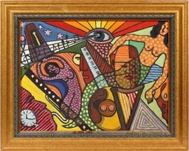 Lot#2369, ATILIER IACUTRO OIL ON BOARD, H 9.5", W 25.5", "ALLEGORIE MUSICALE A LA SIRENE" Artist identification and title on verso.  Framed.