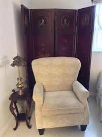 Plant Stand, Morrocan Lamp, Upholstered Chair, and Chinese Painted and Carved 4-Panel Screen. 