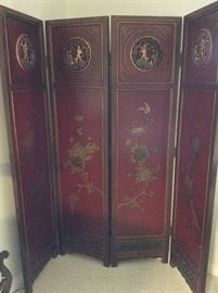 Chinese Painted and Carved 4-Panel Screen. 