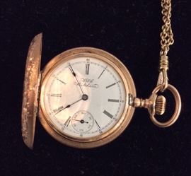 1894 Waltham Pocket Watch. 14 kt Gold with 14 kt Fob. 11 jewels. O size. Serial 618436. 