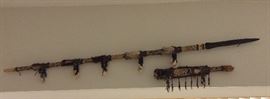 Tribal Spear and Sheath with animal pelt, teeth, and stone bead decoration.Spear. 48" Length. 
