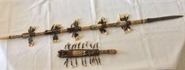 Tribal Spear and Sheath with animal pelt, teeth, and stone bead decoration.