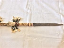 Tribal Spear and Sheath with animal pelt, teeth, and stone bead decoration.