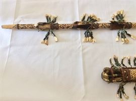Tribal Spear and Sheath with animal pelt, teeth, and stone bead decoration.