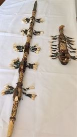 Tribal Spear and Sheath with animal pelt, teeth, and stone bead decoration.