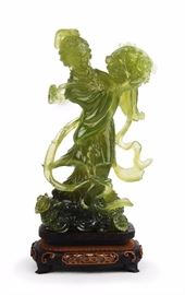 CARVED GREEN STONE LAN CAIHE STATUE
