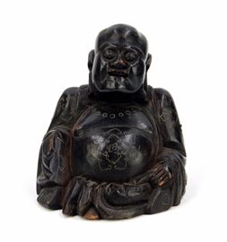 WOOD CARVED INLAID BUDDHIST FIGURE
