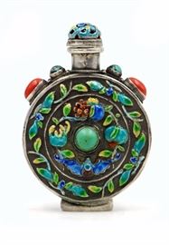 SILVER, CORAL AND TURQUOISE SNUFF BOTTLE
