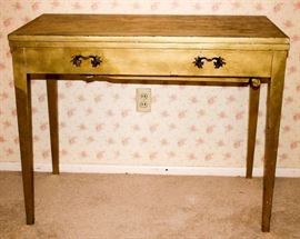 Telescoping Table with three leaves: 20" W (w/o leaves in & drop leaf down) 76" L (with leaves in & drop leaf up) x 38" W x 29.25" H. Each leaf: 12" L x 38" W