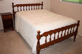 Maple Full Bedframe and Night Stand: Bedframe in good condition. Night Stand in fair condition with moderate wear on table top, small split on right side; 16" W, 14" D, 27" H