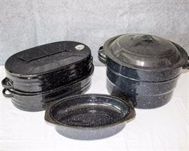 Three Piece Enamelwear Set: Large canning pot w/ lid: 14" diameter x 8.5" H, small roasting pan w/ lid: 11" L  x 7" W x 3" H, three piece Lisk oval roaster w/ insert: insert :15.5" L x 9.5" W x 2" H, 16.5" L  x 11" W x 4" H