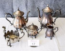 Wm. Rogers Four Piece Silver Plated Coffee & Tea Set with Two Additional Pieces: Coffee pot lid unhinged. Additional pieces include zinc alloy silver swan and candlestick/bowl combination