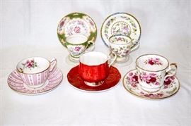 Five Assorted Fine Bone China Tea Cups and Saucers: Two Elizabethan, two Grafton, one Crown
