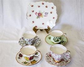 Four Assorted Fine Bone China Tea Cups and Saucers; and One Platter: Salsbury tea cup and saucer; Gladstone tea cup and saucer; Clarence tea cup and saucer; Roslyn tea cup, saucer, and platter