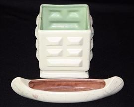 Two Redwing Pieces: Vase - 4.5" L  x 4.5 W x 5.5" H, canoe dish - 10" L  x 2.5" W  x 1.5" H