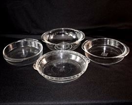 Four Pyrex Bowls: Two 9" x 2" bowls, one 10" x 3" bowl, one 10" pie plate with scalloped edge