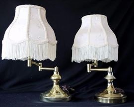 Two Adjustable Brass Table Lamps & Lampshades: 17"H x 10"W, spotty tarnishing on one base.