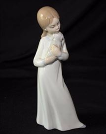 Lladro Nao Figurine: 8" girl petting dog, hand made in Spain.