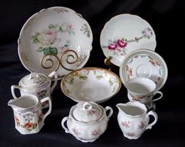 Ten Piece Assorted Bavarian China: One "Mignon" cream & sugar set, one Bavaria cream & sugar set , one Jahre Bareuther Waldsassen cup & saucer, one 6.75" x 1.5"  J&C bowl, one 9" x 2.5" CS Bavaria bowl, one 6.75" Uno "Favorite" Bavaria plate, one 8" Bavaria floral design plate w/ small chip (see maker's mark).