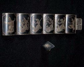 Sterling Silver Bracelet & Ring: 925 Sterling, made in Siam (predates 1949 when Siam became Thailand, possibly 1939); 88g total weight	