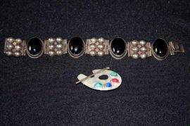 Silver Bracelet & Sterling Silver Pin: Bracelet stamped Mexico silver, artist's pallette pin stamped 925 Thailand; 57.5g total weight including stones