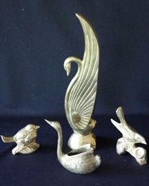 Four Brass Birds: 3.5" W x 15.5" H art deco swan, 4" L x 2" W x 4.5" H swan vase, two 4" L x 1.75" W x 3" H sitting bird, 3.5" L x 1.5" W x 5.25" H bird on branch