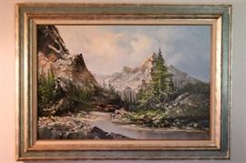 Snow Capped Mountain Painting by K. Schmidt: Wood frame, 44.5" W x 32.5" H