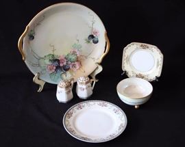 Six Piece Assorted Japanese China: 10" vintage Nippon hand painted gold trimmed plate w/ handles, 4" Noritake hand painted footed bowl, 6.5" Noritake May Villa Plate (small chip), 4.5" Noritake Foreign saucer, 2" vintage hand painted Nippon salt & pepper shakers w/ handles & gold trim (one plug missing) 