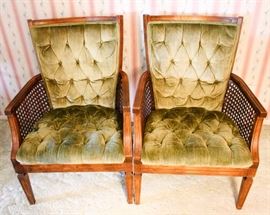 Two Upholstered Wood and Cane Side Chairs: Great condition commensurate with age, cane sides completely intact, medium dark stain finish. 25" W x 20" D x 36" H