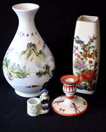 Four Piece Assorted Asian Art: 2.5" W x 1.5" D x 3" H hand painted in occupied Japan toothpick holder, 4.5" W x 3.5" H Noritake hand painted candlestick holder, 3" W x 9.5" H floral vase, 7" W x 11" H vase w/ landscape scene (see maker's mark)