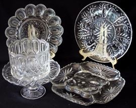 Five Piece Assorted Glass Serving Dishes: 11.5" divided platter w/ etched floral design, 11" round egg platter, 12" square egg platter, 6" W x 4.5" H cylindrical bowl, 9" W x 4.5" H fluted plate