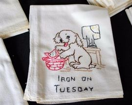 Assorted Embroidered Linens: Two sets of everyday tea towels, six spice themed tea towels, three tea towels w/ crocheted corners, one set his & her's pillow cases. All pieces are made of cotton, and in good condition commensurate with age.