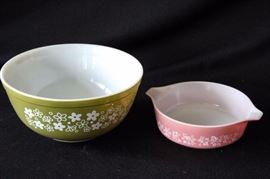Two Vintage Pyrex Bowls: One 2.5 qt. spring blossom design bowl, one 1 pt. Cinderella pink-white bowl w/ handles
