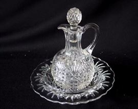 Anchor Hawking Condiment Set & Assorted Etched Glassware: Do you remember the set on your grandparent's dining room table? Two 5.25" Anchor Hocking candy dishes, two sets of 2" W x 4" H Anchor Hocking salt & pepper shakers, one 4 oz. Anchor Hocking goblet, one 3.5" W x 6.5" H 8 oz. vinegar cruet & dish, one 7" decorative candy dish