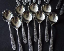 National Stainless Steel Narcissus Flatware: Set includes seven knives, eight dinner forks, six salad forks, fifteen tea spoons, eight soup spoons, one sugar spoon, one butter knife. Made in Japan.