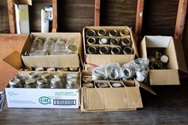 Assorted Mason and Kerr Quart & Pint Size Canning Jars: This set includes over sixty quart size and over 10 pint size jars.