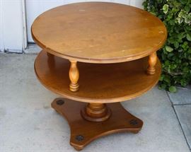 Vintage Round Double Tier Wood Table: Very sturdy, in fair condition with some scuffing and wear throughout. 26" W x 24.5" H