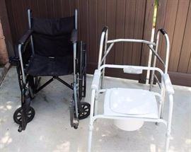 Assorted Medical Supplies: Wheelchair is a Medline Excel K1 Basic, is 18" wide and has a 300 lb. capacity. Adjustable height folding walker is made by Sears. Invacare portable bedside commode has a 300 lb. weight capacity, is barely used.