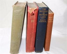 Four Ralph Connor Hardcover Novels: The Canadian author produced works from the late 19th century through the early 20th century. Publication dates range from 1906-1919. The novels included in this lot are: The Foreigner (1909); Black Rock; The Sky Pilot in Noman's Land (1919); The Doctor (1906). Titles with dates included are first edition publications. Books are in fair condition commensurate with age, with some discoloration of the pages, but with all pages and bindings intact, with the exception of The Doctor (1906) has some loose pages.