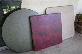 Three Folding Card Tables: Tables measure 30" x 30", 34.5" x 34.5", 35.5" round, and vary in height from 26.5" - 28".
