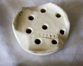 Four Vintage Flower Frogs (One Weller): Weller is 3.25" round, rectangular piece is 4.5" x 1", and other two are 3" round.