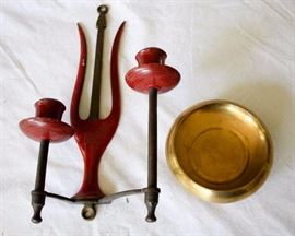 Unique Brass Wall Hanging Candlestick & Small Brass Incense Bowl: Bowl measures 4.25" round and candlestick is 10.5" tall.