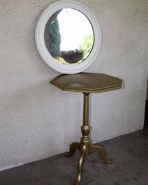 Two Piece Vintage Wood Furniture Set: Three legged wood pedestal table with octagonal top measures 19" W x 27" H. The wood framed mirror measures 20.5" wide. Yet another terrific shabby chic project! Just a little elbow grease will make these beauties shine once again. 