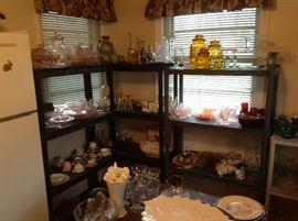 Pink, green, amber depression glass