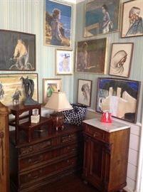 Original pastels and antique furniture.