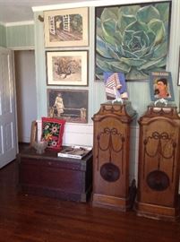 Original pastels, oil paintings, antique trunk and pair of chests.